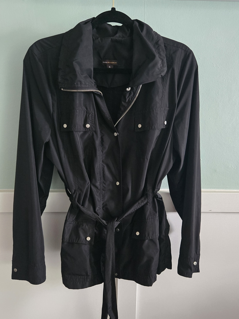 Dana Buchman Black Utility Jacket Tie Waist Tie Belt Snap Zip Closures Tailored